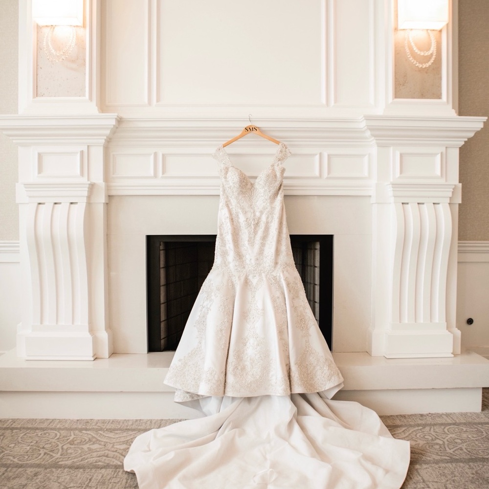 Worn once (cleaned and preserved) wedding dress gown - satin bead mermaid Bijou